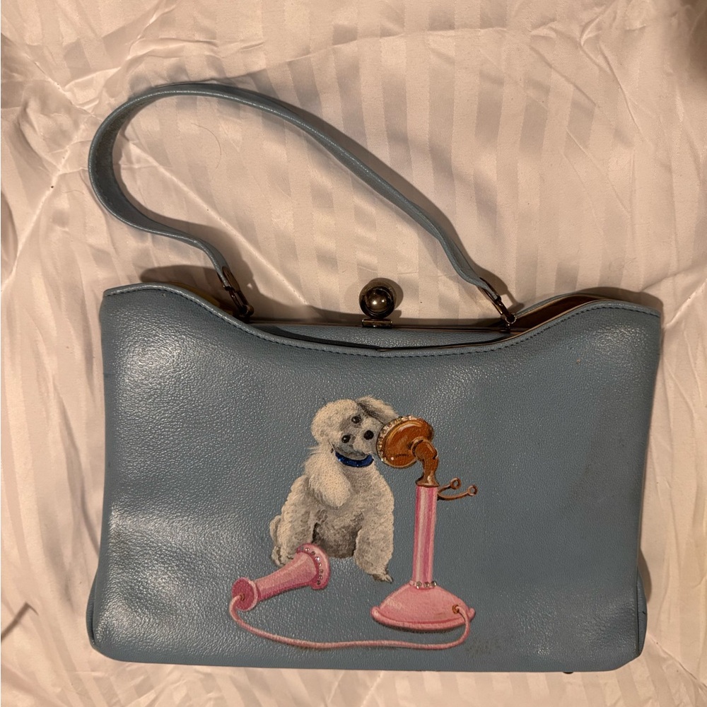 Vintage Blue Handbag with Hand Painted Poodle and Phone